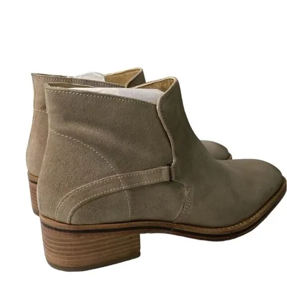 Diba True Caspian Suede Distressed Pull-On Bootie Low Stack Heel Square Toe Beig